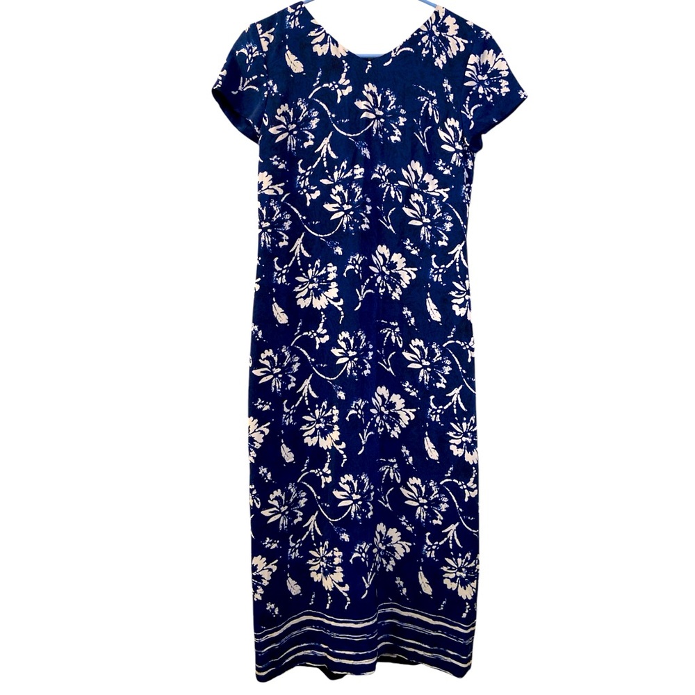 Talbot’s Dress Pure Silk Navy White Floral Batik Print Back Zip Kick Pleat WM 6P